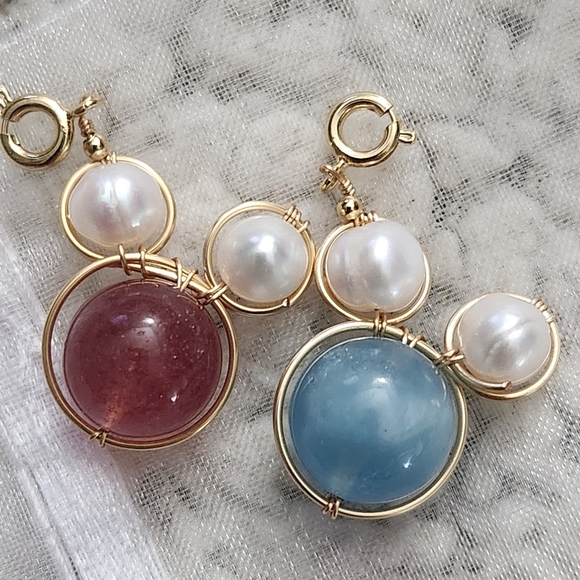 None Jewelry - 2 pc Mickey minnie charms aquamarine and strawberry quartz with freshwater pearl